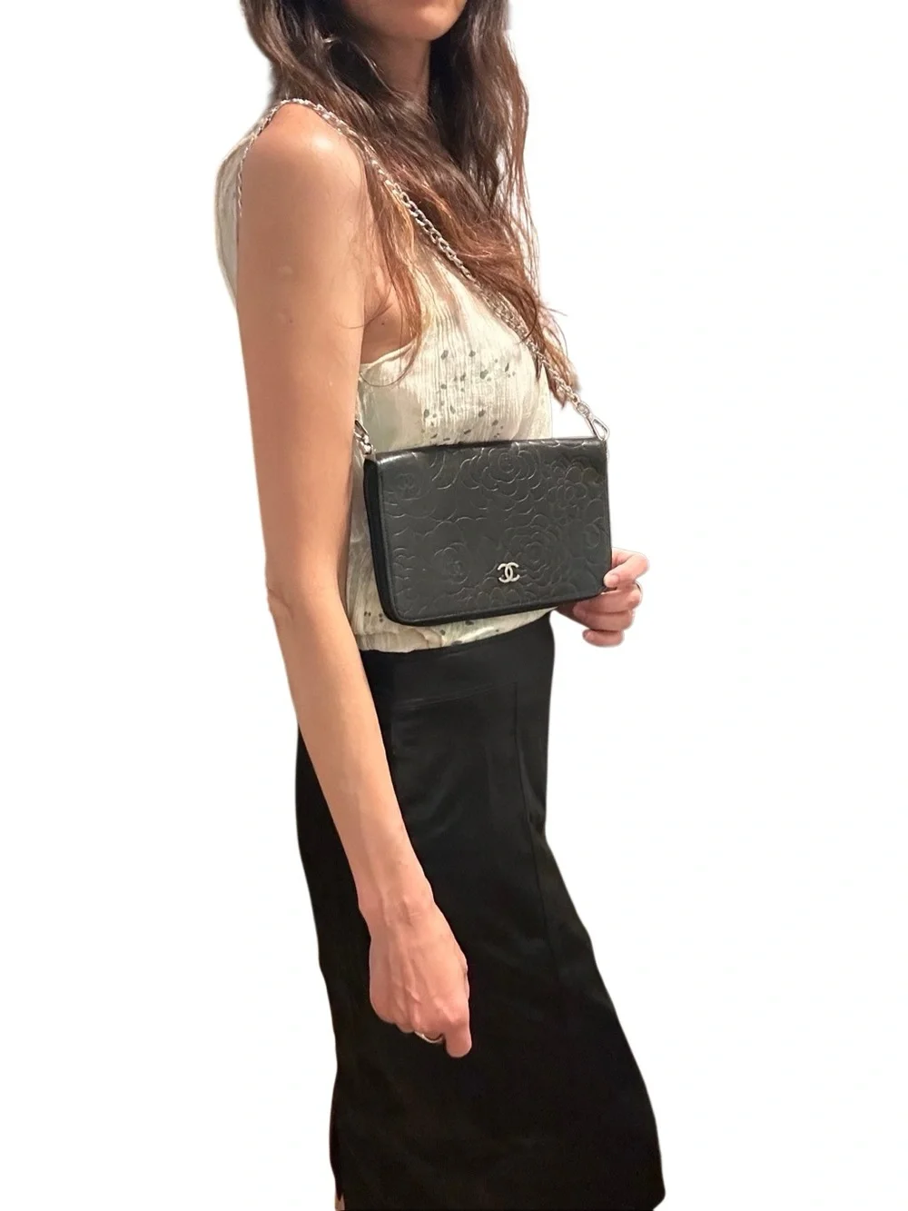 CHANEL Black Quilted Camellia Leather Card Holder with CC Logo